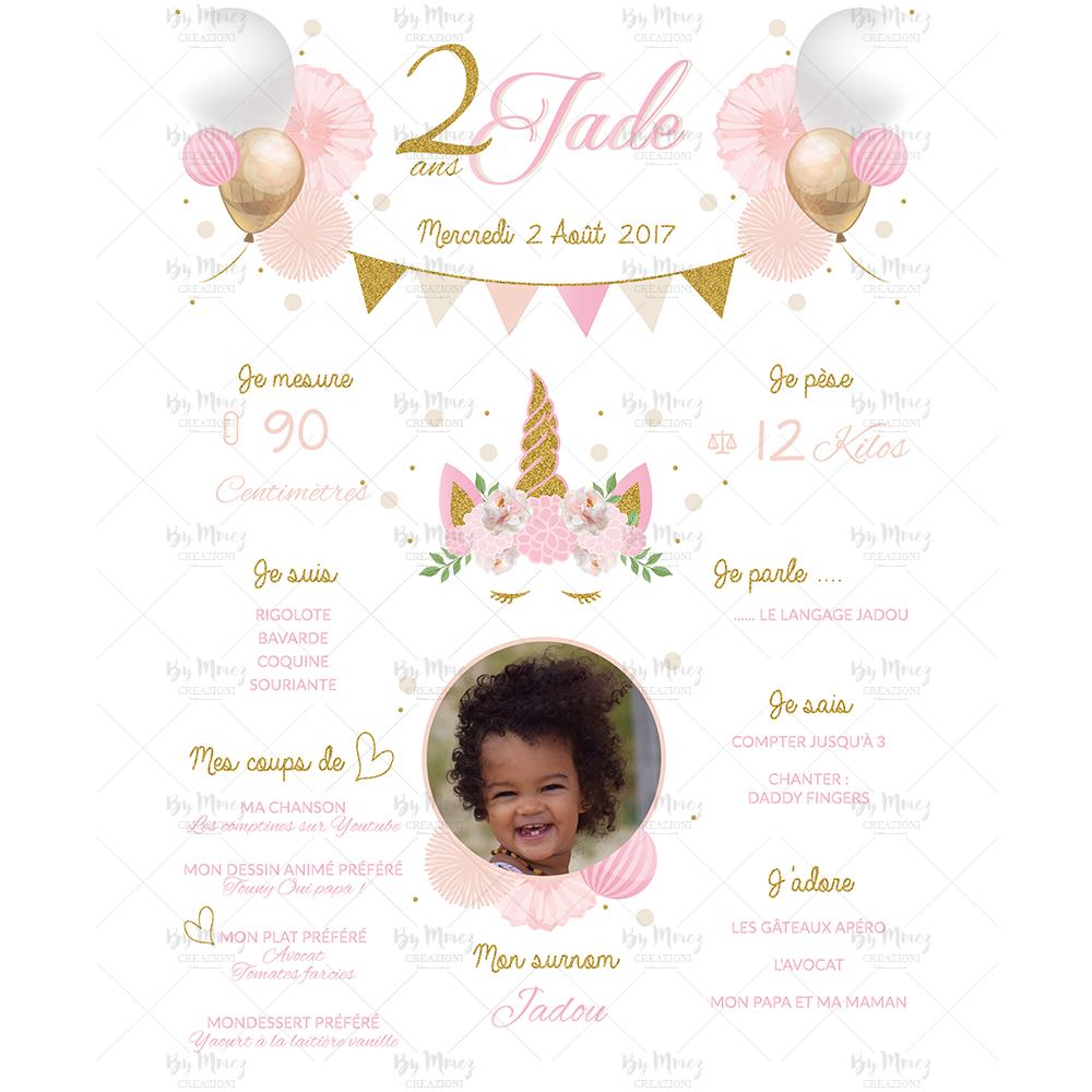 Affiche Anniversaire Personnalisee Theme Licorne Pink Mmez Creazioni