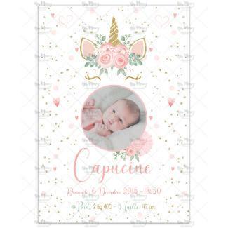 MMEZ CREAZIONI - AFFICHE NAISSANCE PERSONNALISEE LICORNE & FLEURS ROSES