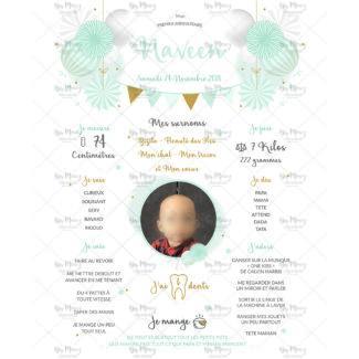 MMEZ CREAZIONI - AFFICHE ANNIVERSAIRE BIENVENUE PERSONNALISEE MINT - OR ET BLANC