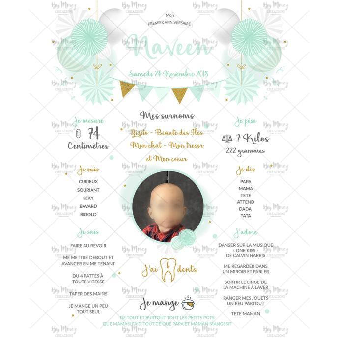 MMEZ CREAZIONI - AFFICHE ANNIVERSAIRE BIENVENUE PERSONNALISEE MINT - OR ET BLANC