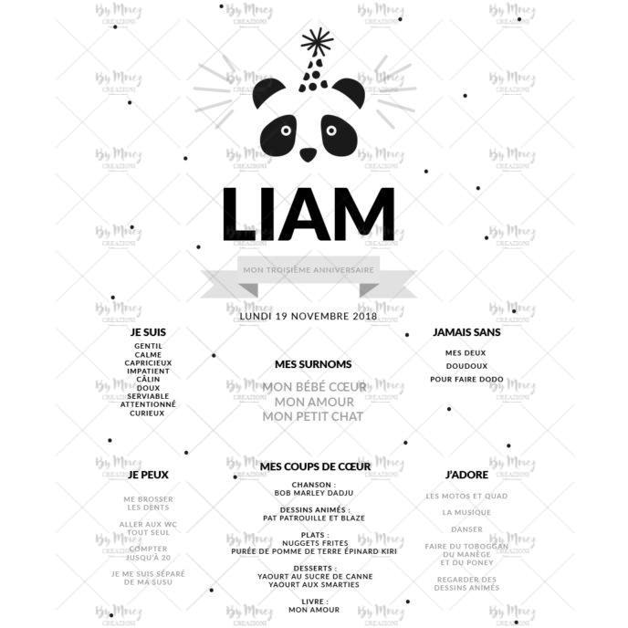 MMEZ CREAZIONI - AFFICHE ANNIVERSAIRE PERSONNALISE PANDA PARTY - NOIR ET BLANC