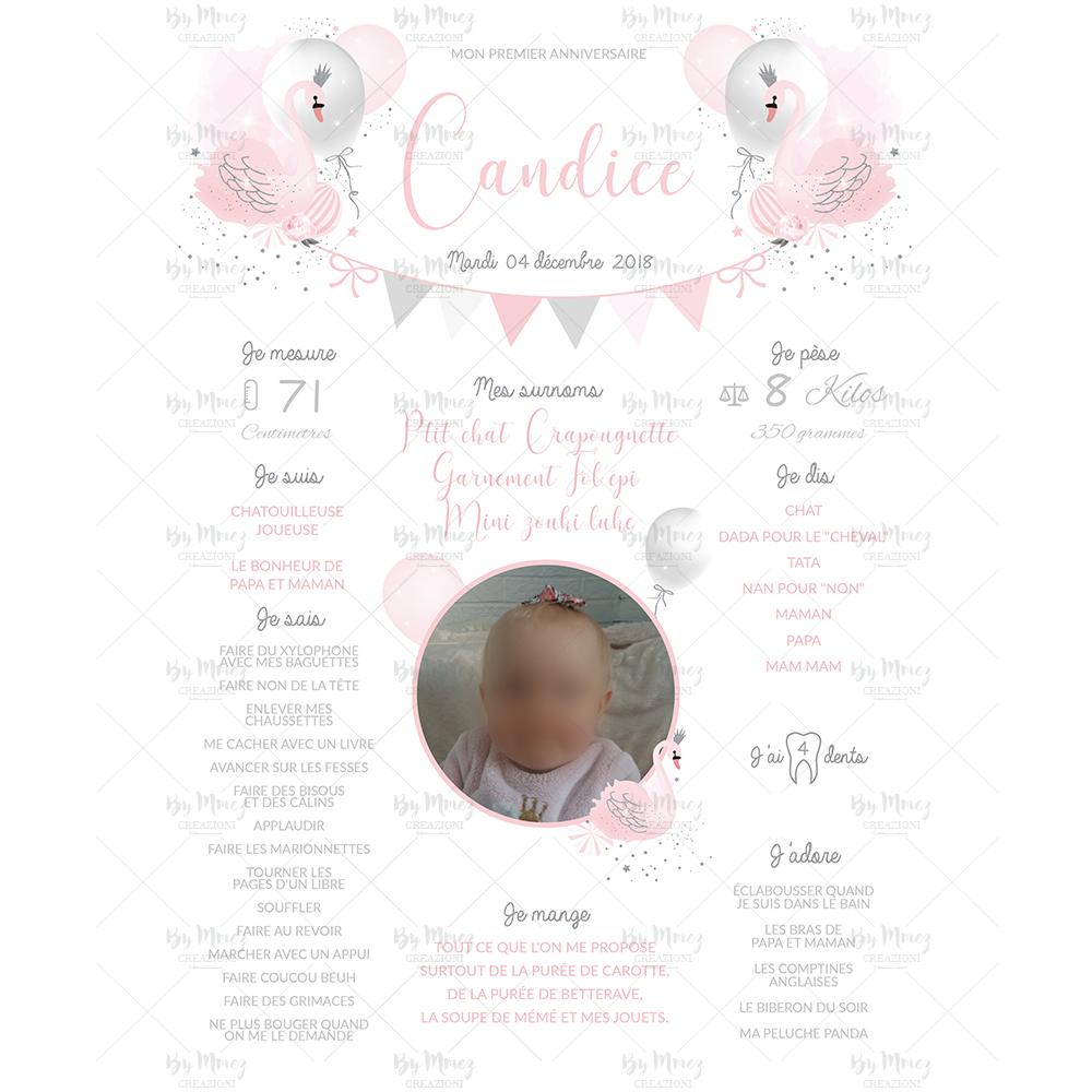 Affiche Anniversaire Personnalisee Theme Cygne Rose Gris Mmez Creazioni
