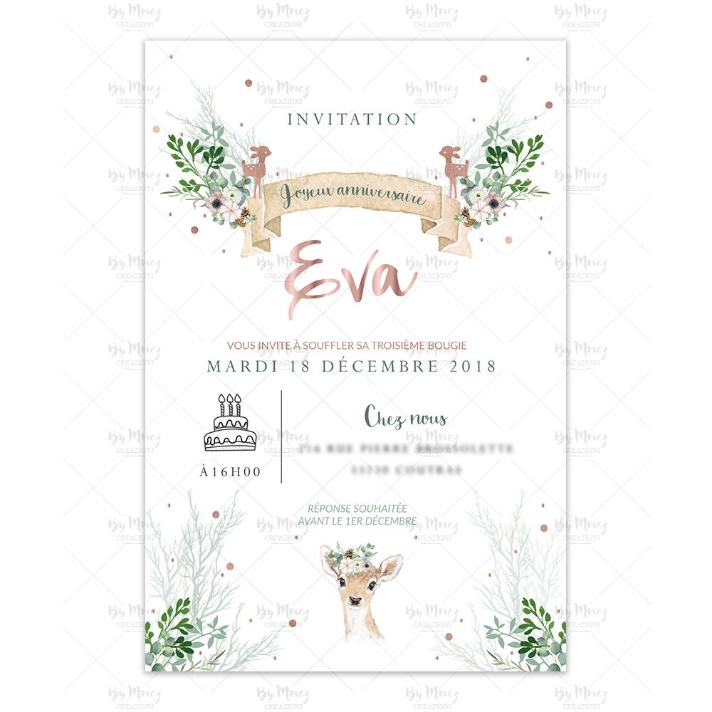 Invitation Anniversaire Theme Biche Foret Rose Gold Mmez Creazioni