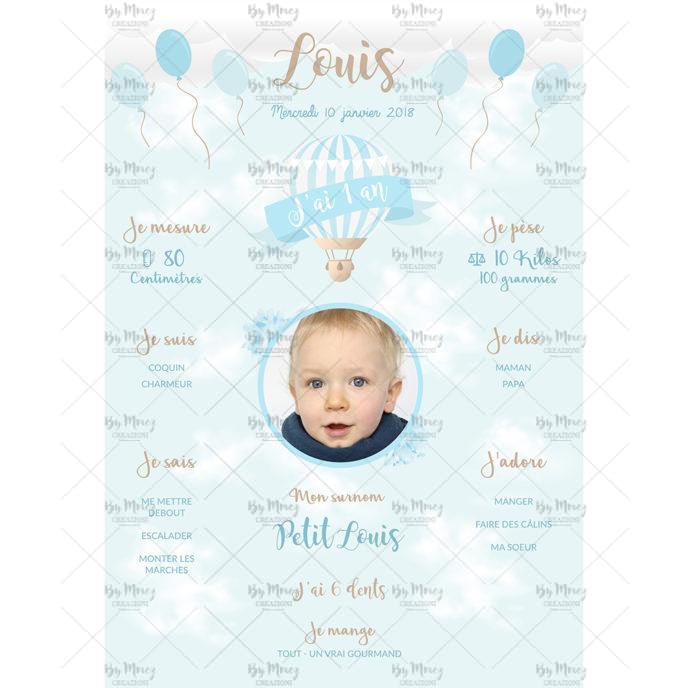 MMEZ CREAZIONI - AFFICHE ANNIVERSAIRE PERSONNALISEE MONTGOLFIERE & BEIGE