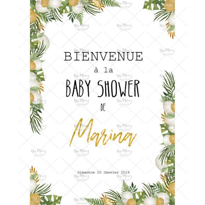 MMEZ CREAZIONI - AFFICHE BABY SHOWER PERSONNALISE TROPICAL WHITE & GOLD