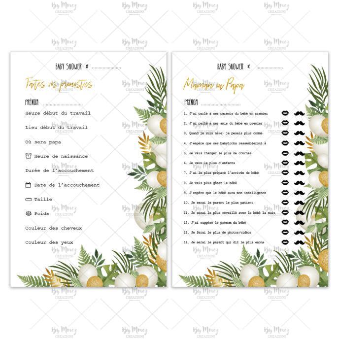 MMEZ CREAZIONI - AFFICHE BABY SHOWER PERSONNALISE TROPICAL WHITE & GOLD - JEUX