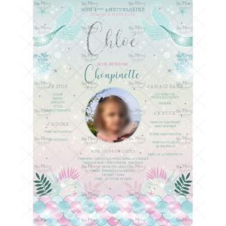 MMEZ CREAZIONI - AFFICHE ANNIVERSAIRE PERSONNALISEE SIRENE ROSE ET VERT - MERMAID