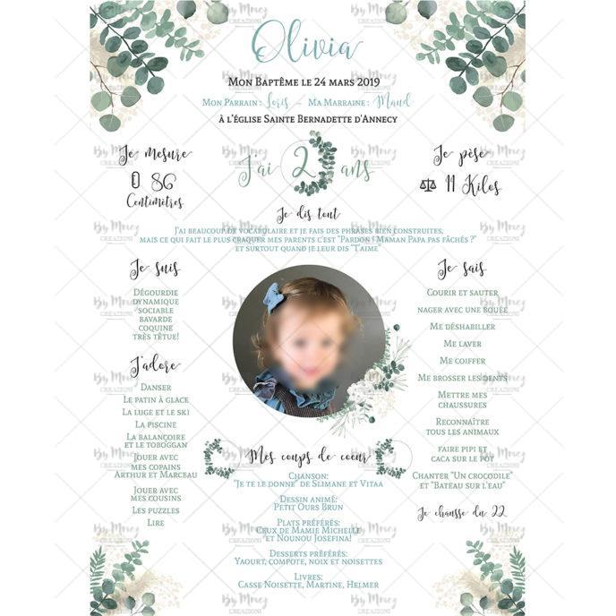 MMEZ CREAZIONI - AFFICHE BAPTEME PERSONNALISE EUCALYPTUS & FLEURS BLANCHES