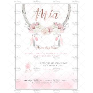 MMEZ CREAZIONI - FAIRE PART - INVITATION BAPTEME PERSONNALISE ATTRAPE REVES ROSE & FLEURIES