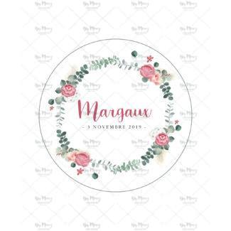 MMEZ CREAZIONI - STICKER MACARON ETIQUETTE AUTOCOLLANTE BAPTEME PERSONNALISE COURONNE EUCALYPTUS & FLEURIES ROSES