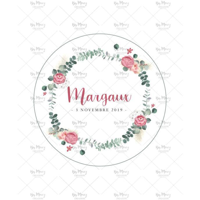 MMEZ CREAZIONI - STICKER MACARON ETIQUETTE AUTOCOLLANTE BAPTEME PERSONNALISE COURONNE EUCALYPTUS & FLEURIES ROSES