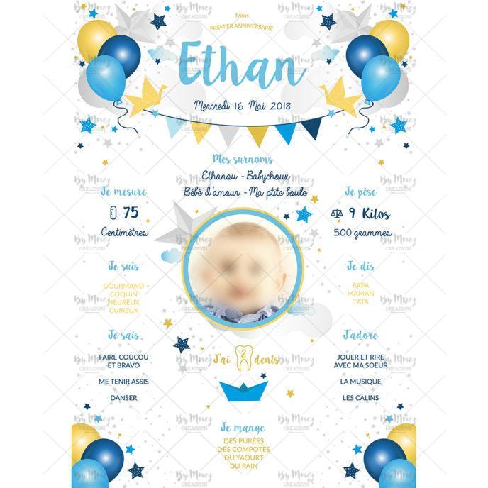 MMEZ CREAZIONI - AFFICHE ANNIVERSAIRE PERSONNALISE ETOILE NUAGE JAUNE & BLEU