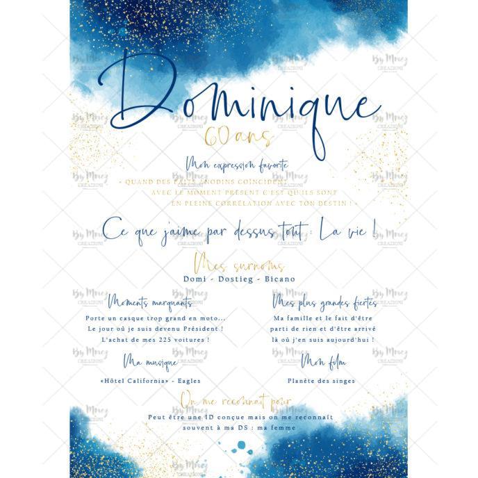 MMEZ CREAZIONI - AFFICHE ANNIVERSAIRE PERSONNALISEE AQUARELLE BLEU MARINE & OR