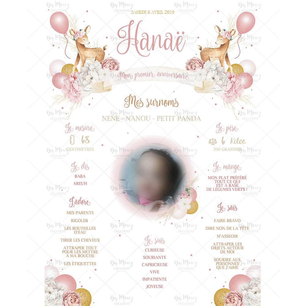 Affiche anniversaire personnalisée - Thème Biche & Fleuries Rose