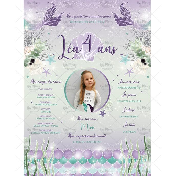 MMEZ CREAZIONI - AFFICHE ANNIVERSAIRE PERSONNALISEE SIRENE LILAS ET MINT - MERMAID