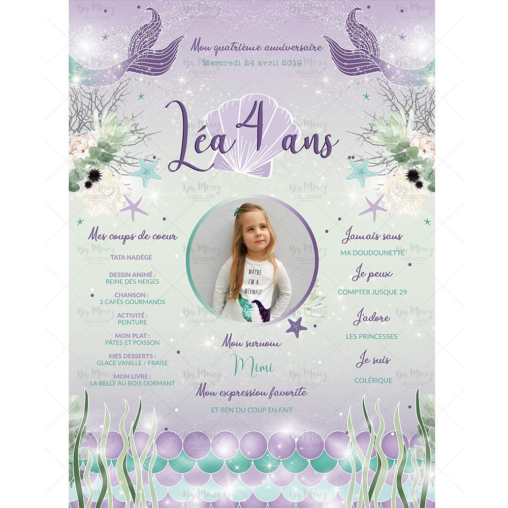 Affiche anniversaire personnalisée - Thème Sirène Lilas & Mint