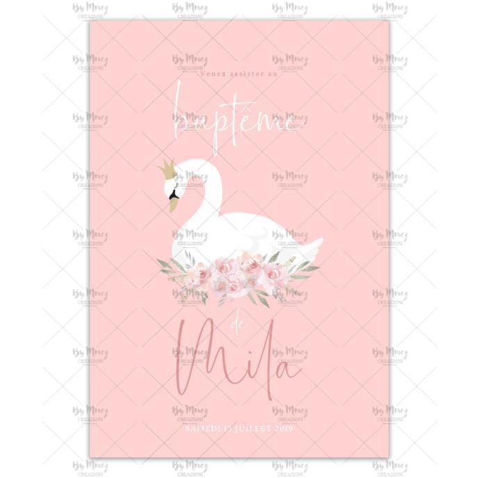 MMEZ CREAZIONI - FAIRE PART - INVITATION BAPTEME PERSONNALISE CYGNE FLEURIE - 1