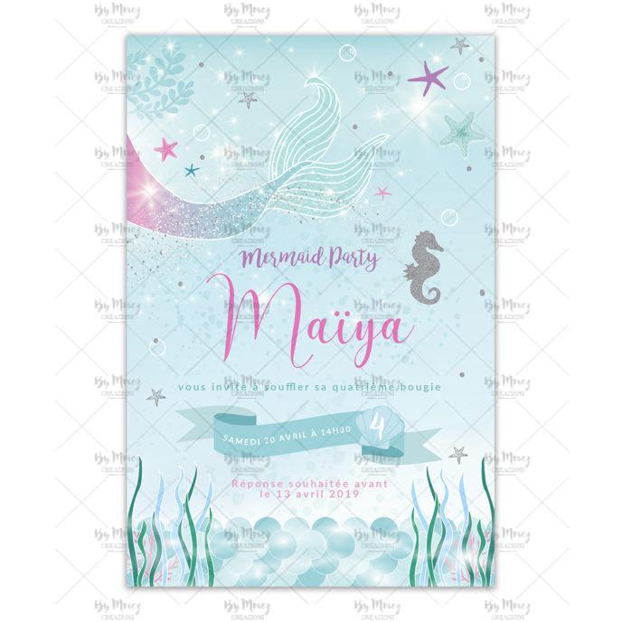 MMEZ CREAZIONI - INVITATION ANNIVERSAIRE PERSONNALISEE - SIRENE & MER - MERMAID