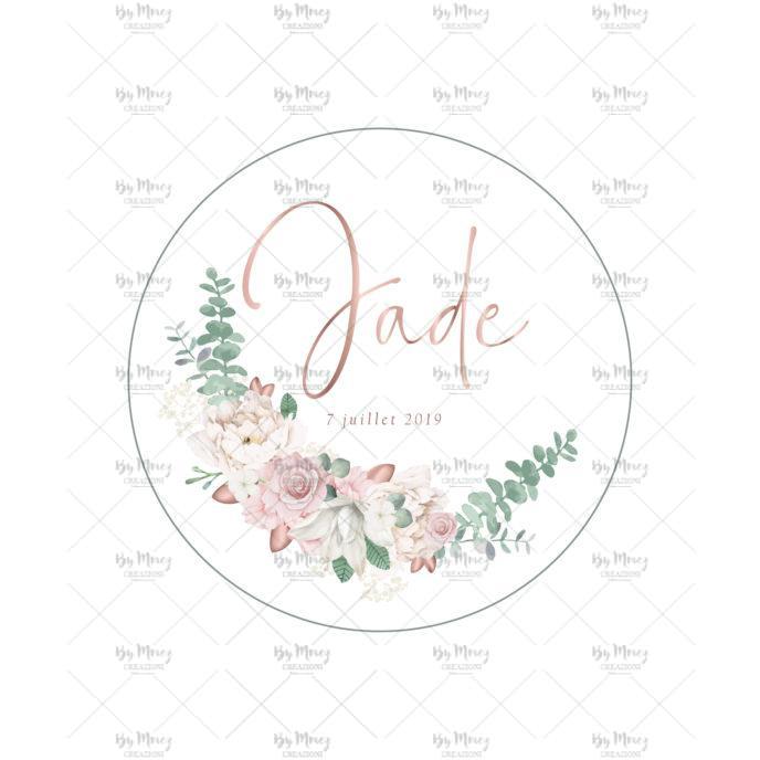 MMEZ CREAZIONI - STICKER MACARON ETIQUETTE AUTOCOLLANTE BAPTEME PERSONNALISE COURONNE CHAMPETRE BOHEME - ROSE & ROSE GOLD