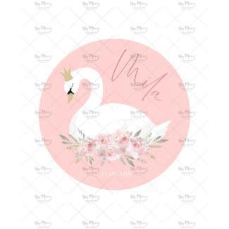 MMEZ CREAZIONI - STICKER MACARON ETIQUETTE AUTOCOLLANTE BAPTEME PERSONNALISE COURONNE CYGNE - ROSE