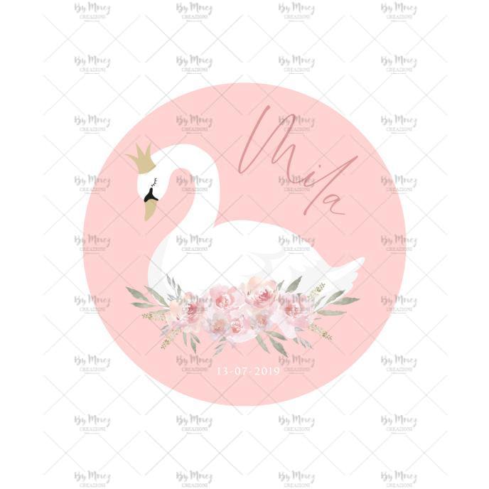 MMEZ CREAZIONI - STICKER MACARON ETIQUETTE AUTOCOLLANTE BAPTEME PERSONNALISE COURONNE CYGNE - ROSE