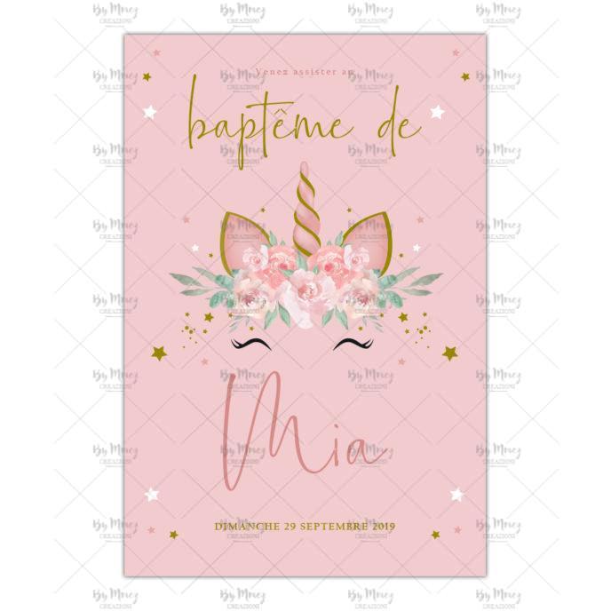 MMEZ CREAZIONI - FAIRE PART - INVITATION BAPTEME PERSONNALISE CHAMPRETRE LICORNE ROSE FLEURIES - 1