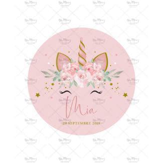 MMEZ CREAZIONI - STICKER MACARON ETIQUETTE AUTOCOLLANTE BAPTEME PERSONNALISE COURONNE LICORNE & ROSE FLEURIES