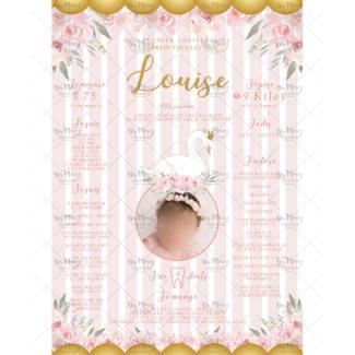 MMEZ CREAZIONI - AFFICHE ANNIVERSAIRE BIENVENUE PERSONNALISEE CYGNE FLEURIE ROSE & OR