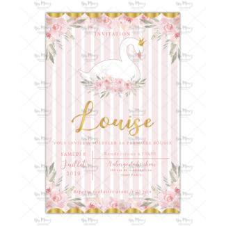 MMEZ CREAZIONI - INVITATION ANNIVERSAIRE PERSONNALISEE - CYGNE FLEURIE ROSE & OR - SWAN