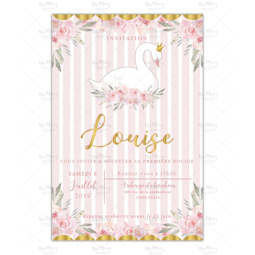 Invitation Anniversaire Theme Cygne Fleurie Rose Or Mmez Creazioni