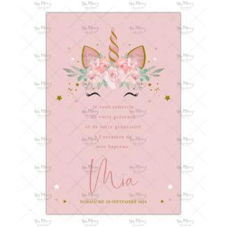 MMEZ CREAZIONI - REMERCIEMENT - INVITATION BAPTEME PERSONNALISE LICORNE & ROSE