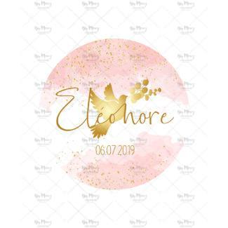 MMEZ CREAZIONI - STICKER MACARON ETIQUETTE AUTOCOLLANTE BAPTEME PERSONNALISE COURONNE AQUARELLE ROSE & COLOMBE OR