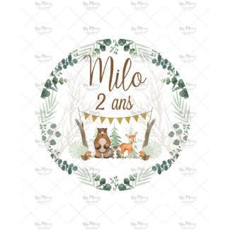 MMEZ CREAZIONI - STICKER MACARON ETIQUETTE AUTOCOLLANTE ANNIVERSAIRE PERSONNALISE COURONNE WOODLAND