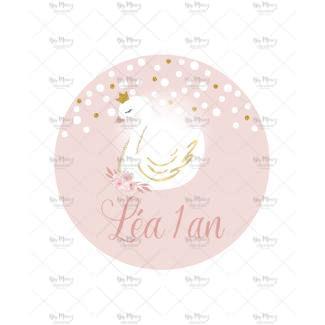 MMEZ CREAZIONI - STICKER MACARON ETIQUETTE AUTOCOLLANTE ANNIVERSAIRE PERSONNALISE CYGNE FLEURIE ROSE POUDREE & OR