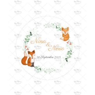 MMEZ CREAZIONI - STICKER MACARON ETIQUETTE AUTOCOLLANTE BAPTEME PERSONNALISE COURONNE FORET & RENARDS