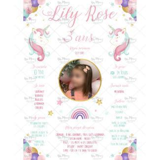 MMEZ CREAZIONI - AFFICHE ANNIVERSAIRE PERSONNALISEE LICORNE MINT & ROSE