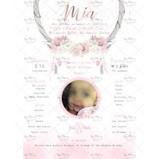 MMEZ CREAZIONI - AFFICHE BAPTEME PERSONNALISE ATTRAPE REVES ROSE & FLEURIES