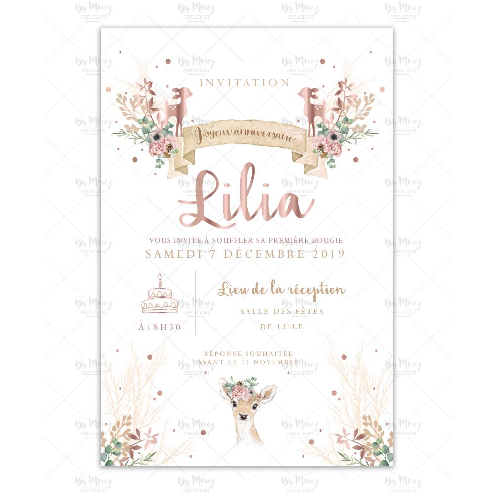 Invitation Anniversaire Theme Biche Foret Rose Creme Mmez Creazioni