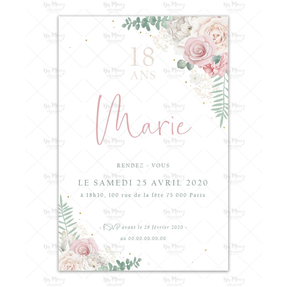 Invitation Anniversaire - Thème Biche & Fleuries Rose - Mmez Creazioni