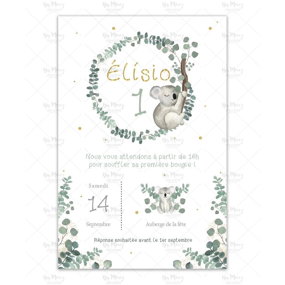 Invitation Anniversaire - Thème Koala & Eucalyptus - Mmez Creazioni