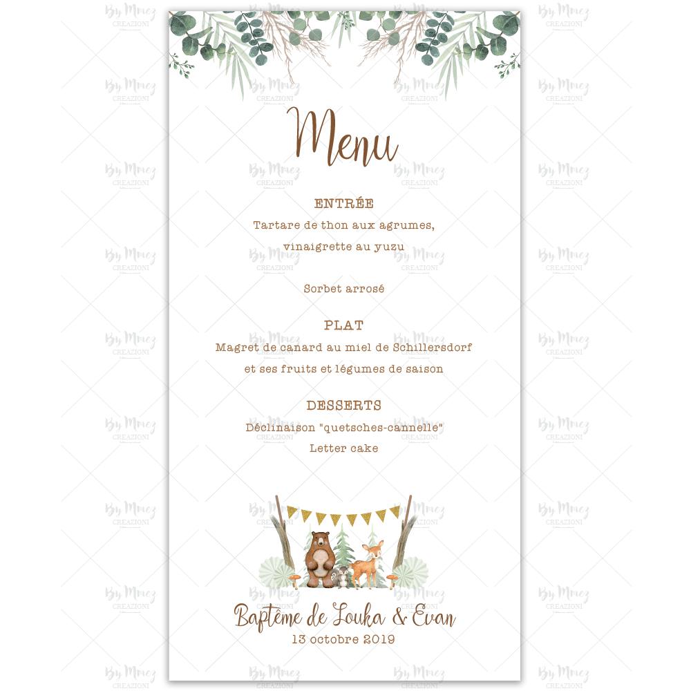 Menu baptême - Thème Woodland - Mmez Creazioni Menu baptême - Thème Woodland - Mmez Creazioni