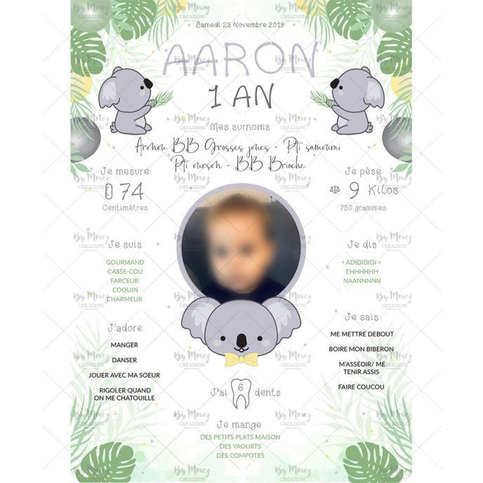 Affiche anniversaire personnalisée - Thème Koala mignon