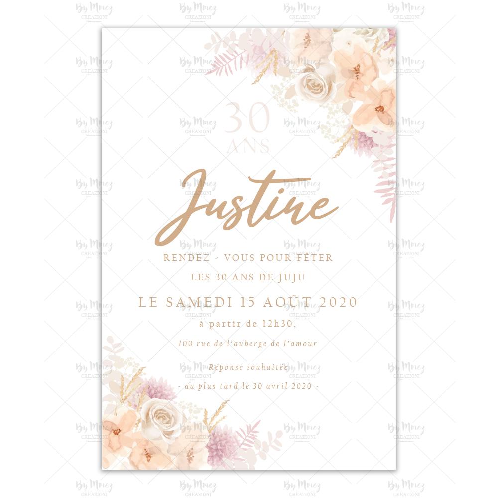 Invitation Anniversaire Theme Fleurs Sechees Rose Mmez Creazioni