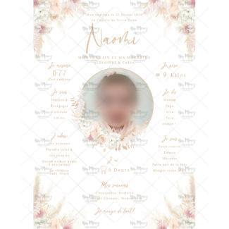 MMEZ CREAZIONI - AFFICHE BAPTEME PERSONNALISE FLEURS SECHEES & ROSE