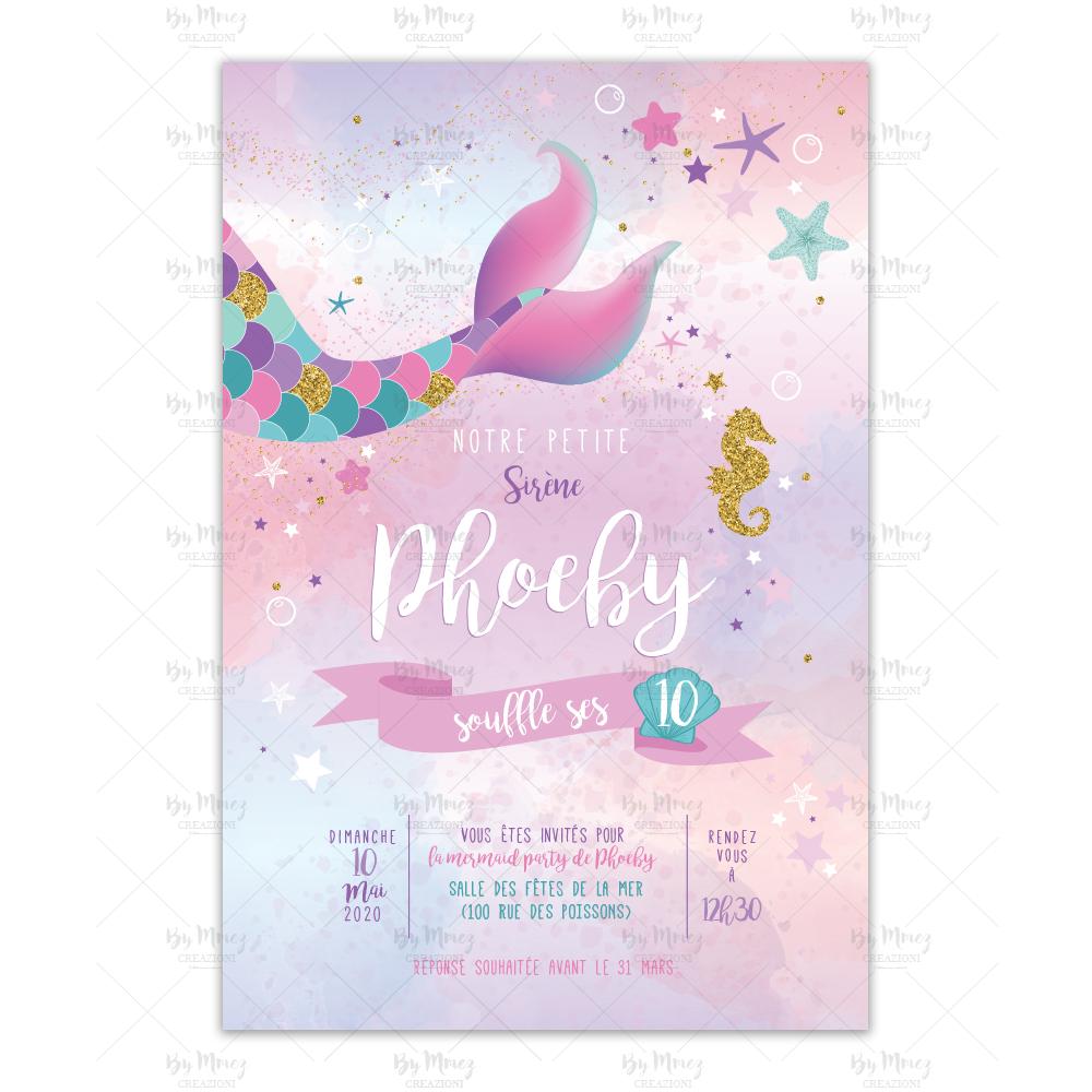 Carton d'invitation pour anniversaire enfant sirène