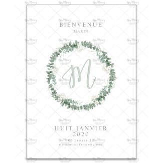 MMEZ CREAZIONI - AFFICHE NAISSANCE PERSONNALISEE INITIALE EUCALYPTUS AQUARELLE