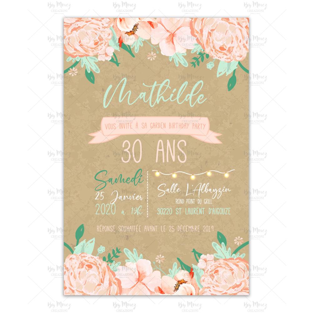 Invitation Anniversaire Theme Kraft Et Fleurie Mmez Creazioni