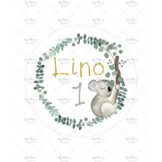 MMEZ CREAZIONI - STICKER MACARON ETIQUETTE AUTOCOLLANTE ANNIVERSAIRE PERSONNALISE COURONNE KOALA & EUCALYPTUS