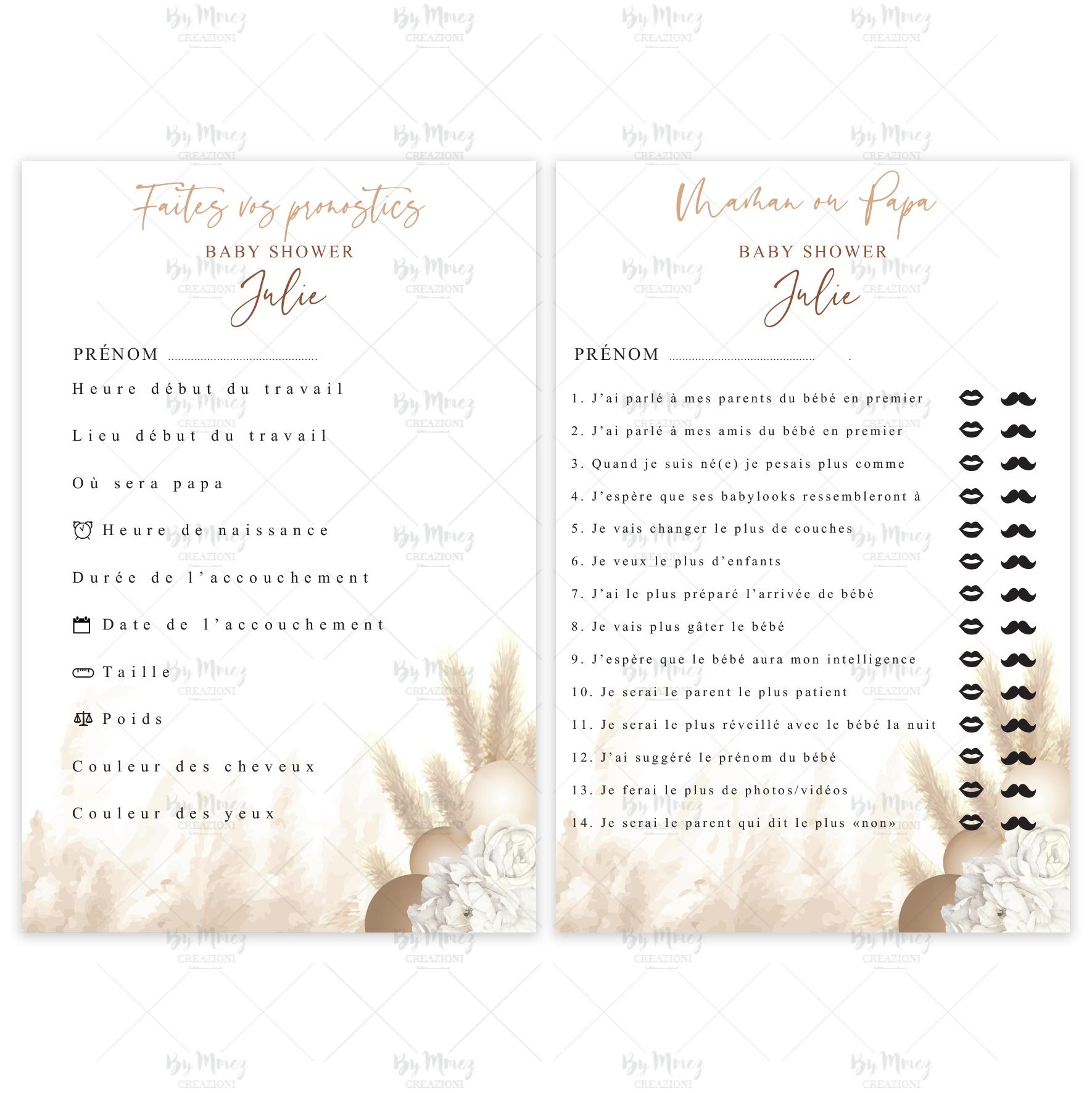 Lot de 25 Cartes Pronostics pour Baby Shower Gender Reveal Jeu des