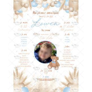 MMEZ CREAZIONI - AFFICHE ANNIVERSAIRE PERSONNALISEE OURSON PAMPAS & BLEU